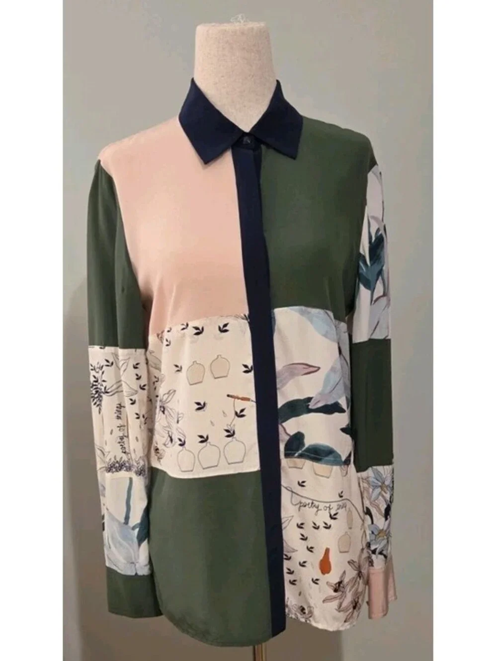 Tory Burch Sz 2 Patchwork Silk Shirt Green White Pink Ivory Poetry Print Blouse - Picture 4 of 9